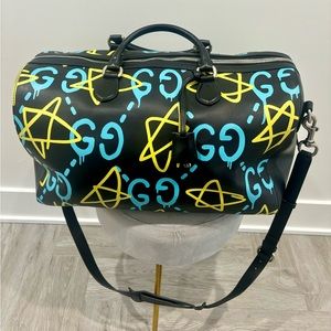 Gucci Ghost duffel. Black leather with graffiti GG monogram. ~17.5" x11.5"x9.5"